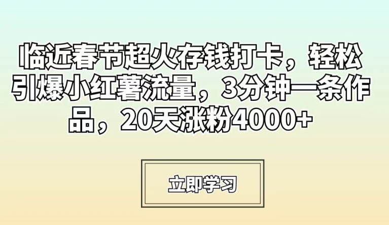 临近春节超火存钱打卡，轻松引爆小红薯流量，3分钟一条作品，20天涨粉4000+【揭秘】-成长印记