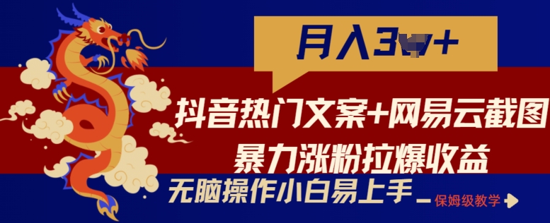 抖音热门文案+网易云截图暴力涨粉拉爆收益玩法，小白无脑操作，简单易上手【揭秘】-成长印记