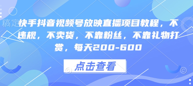 快手抖音视频号放映直播项目教程，不违规，不卖货，不靠粉丝，不靠礼物打赏，每天200-600-成长印记